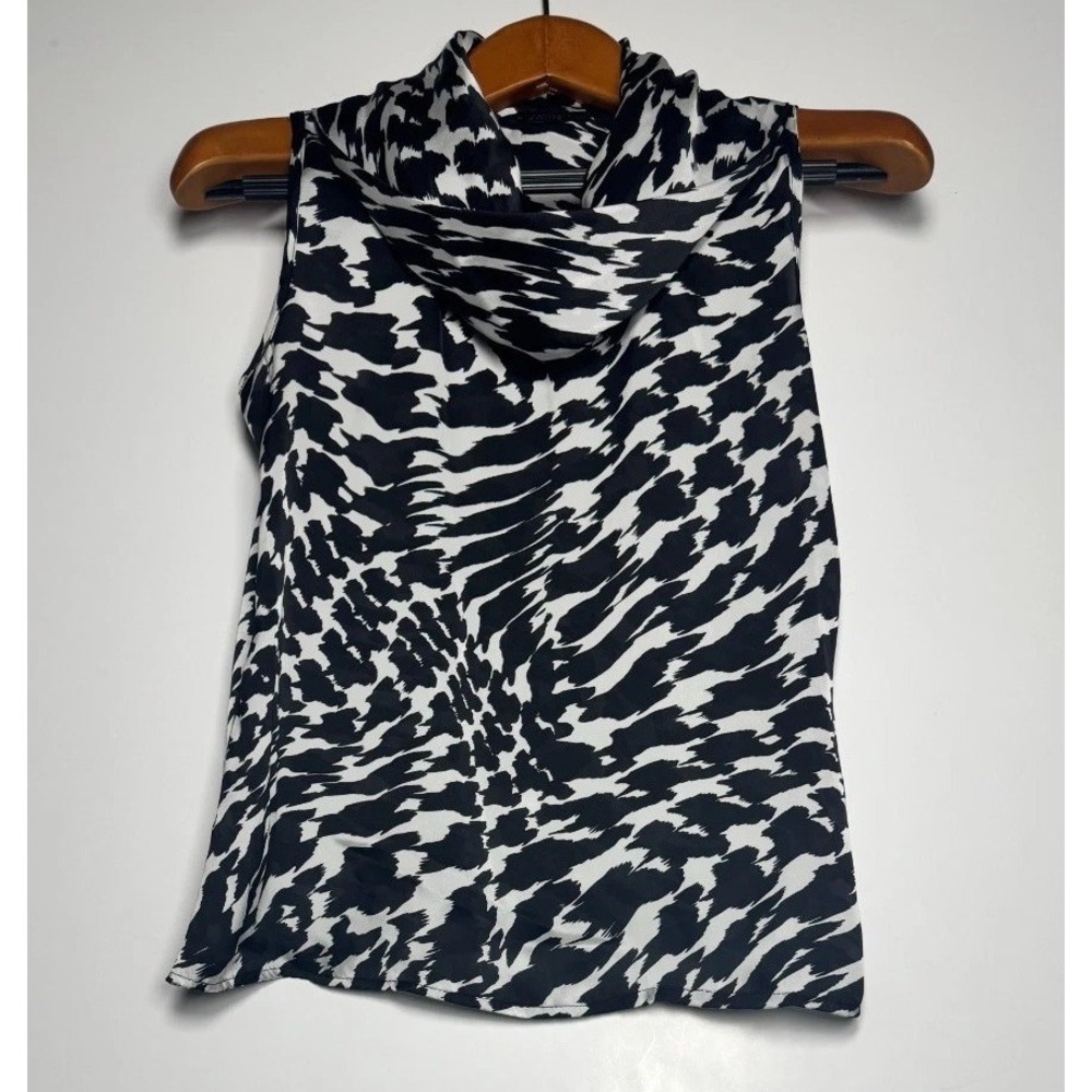 Investments Blouse Top Womens 8 Petite Black White Abstract Print Cowl Neck